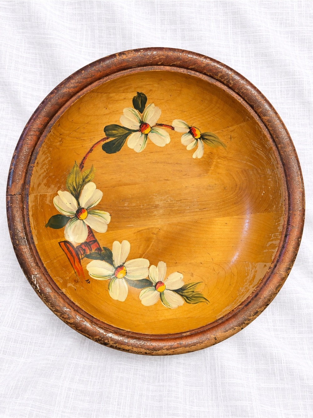 Vintage 11.5β Hand Painted Floral Wooden Bowl β Folk Art Rustic Cottage Decor